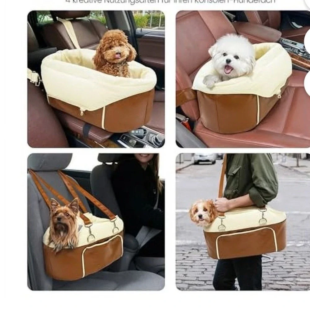 Brown Faux Leather and Cream Canvas Small Pet Carrier Bag with Shoulder Strap